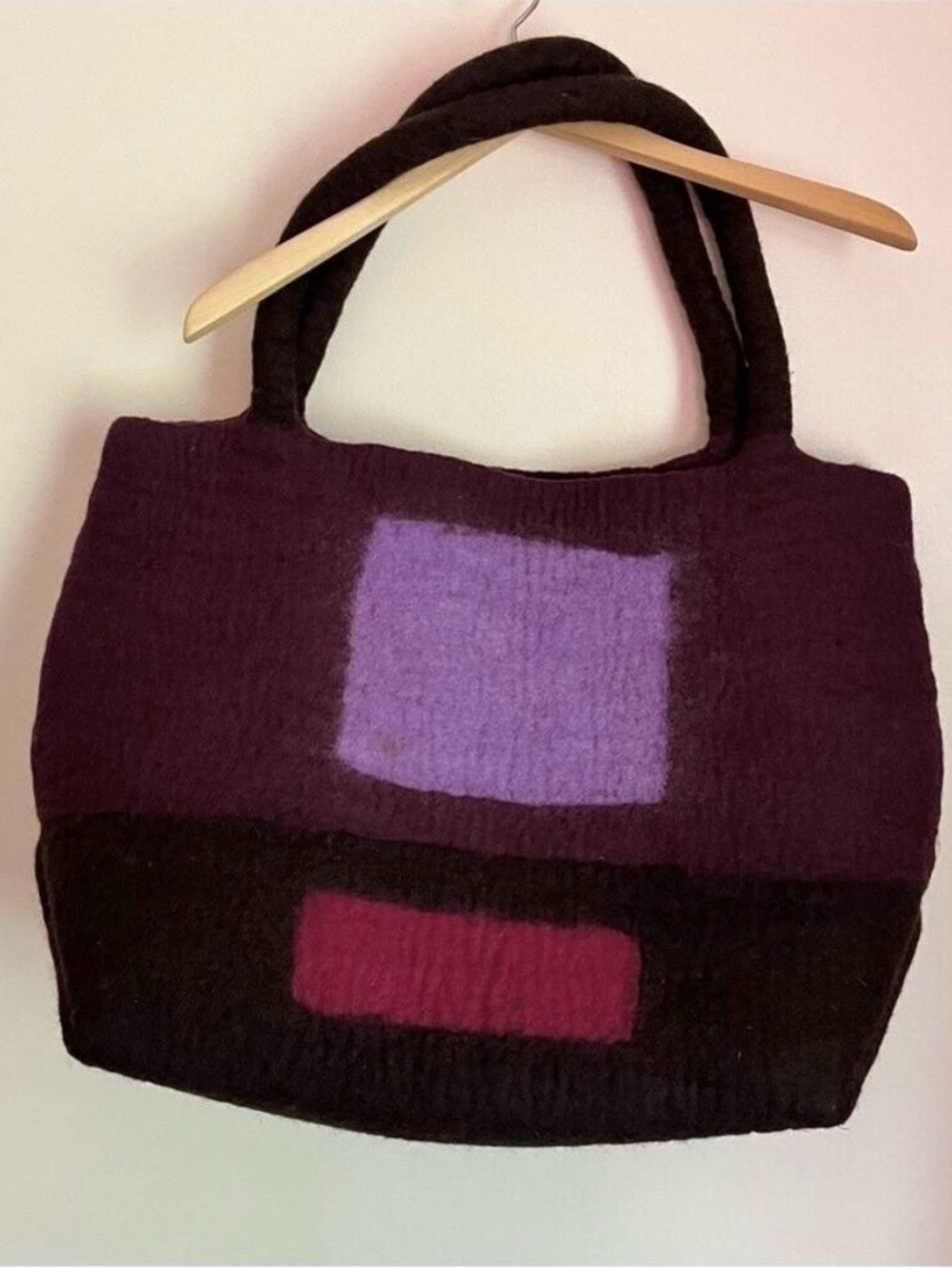 Erik & Mike Wool Felt Tote Bag Colorblock Burgundy Purple Handmade Nepal Artsy